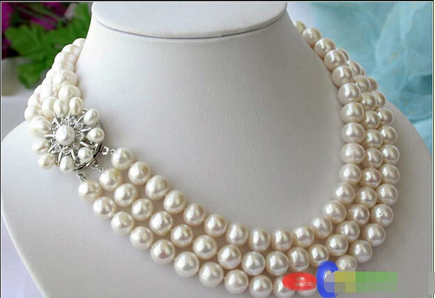 

p1552 3ROW 11MM ROUND WHITE FRESHWATER PEARL NECKLACE ^^^@^Noble style Natural Fine jewe FREE SHIPPING