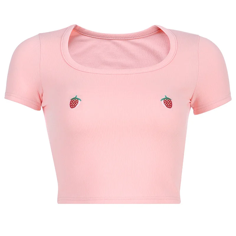 Новинка лета, женские розовые облегающие короткие футболки с круглым вырезом и вышивкой клубники, женская одежда F4