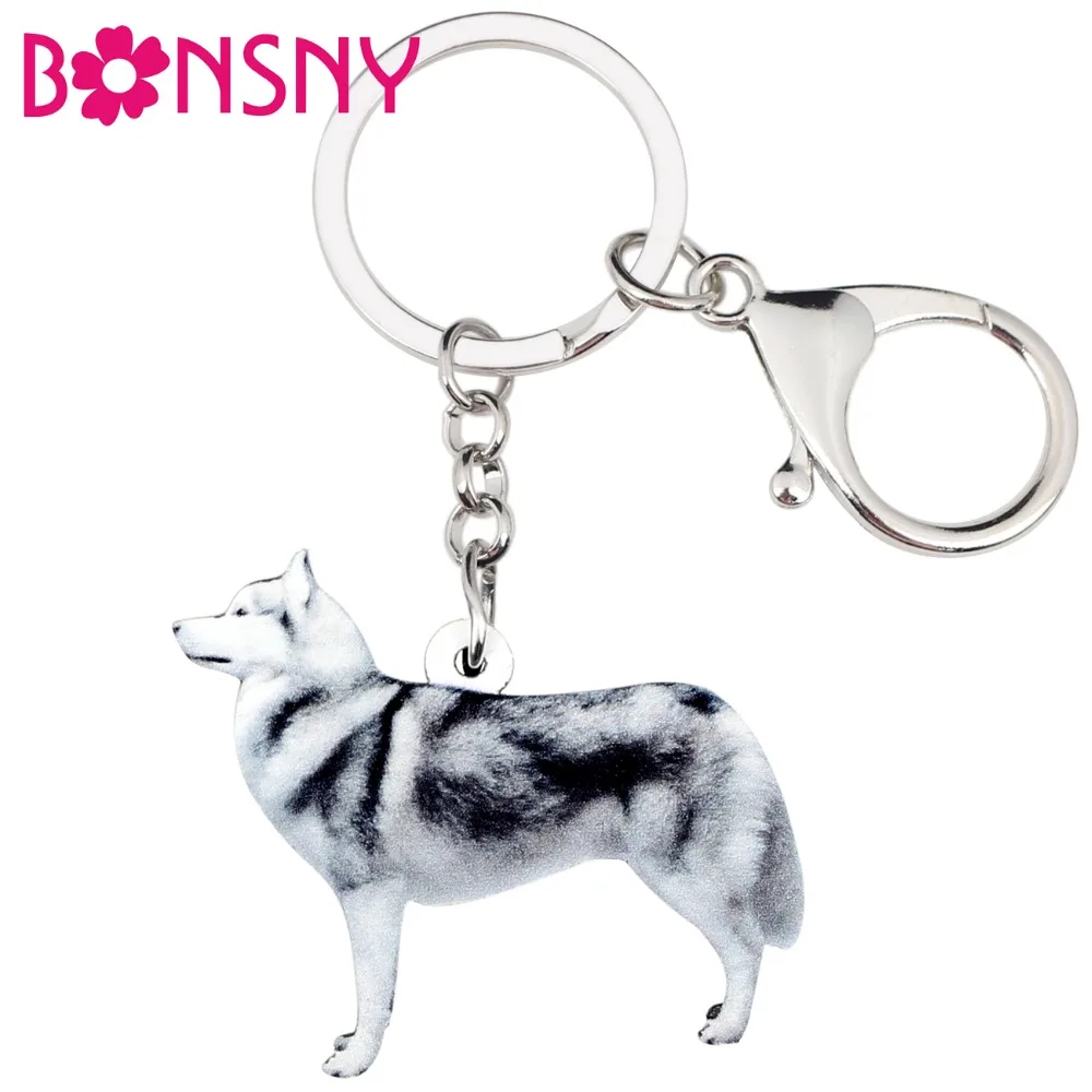 Bonsny Acrylic Standing Siberian Husky Dog Key Chains Keychain Rings Novelty Jewelry For Women