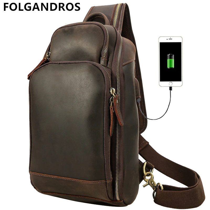 

2019 Brand Men's Chest Bag Genuine Cowhide Leather Handmade Shoulder Bag Crazy Horse Leather Vintage Large Capacity Chest Pack