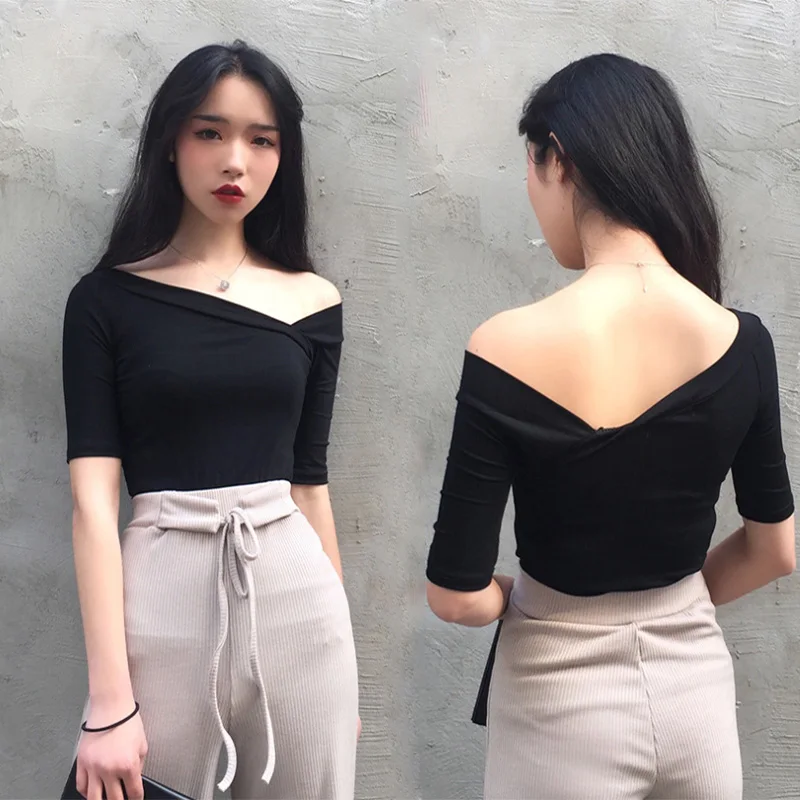 Short Solid Office Lady Off Shoulder Tshirt Elegant Women Shirts Backless Wryshoulder Crop Top Korean Style Clothes Tunic Tops | Женская
