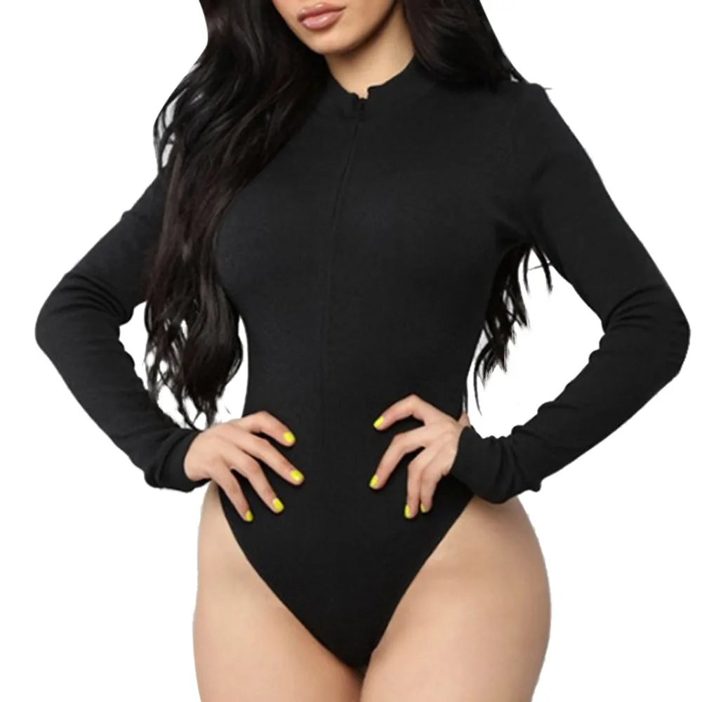 

CHAMSGEND Sexy Women Jumpsuits Fashion Women Solid Long Sleeve Zipper Jumpsuit Casual O- Neck Adjustable Tops Bodysuit No14