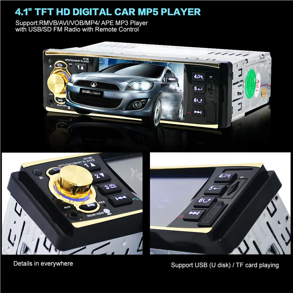 Автомобильные видеоплееры 4019B 12 В 4 1 дюймов HD 1080P Bluetooth стерео MP3 / MP4 Радио FM MP5