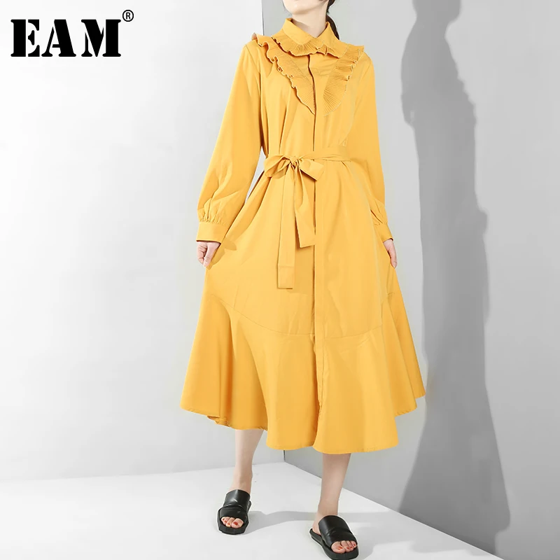 

[EAM] 2019 New Autumn Winter Lapel Long Sleeve Yellow Waist Bandage Ruffles Pleated Stitch Irregular Dress Women Fashion JL982