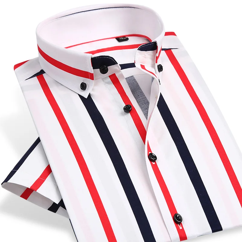 

2019 Summer New Arrival Short Sleeve Fashion Striped Men Business Casual Shirts Button-down Breathable 97% Cotton Men Shirts