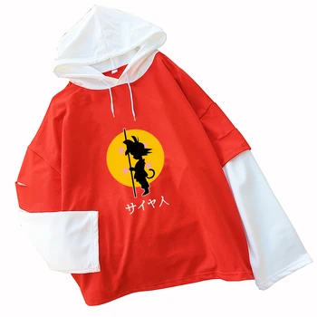 

2018 Women Autumn T shirts Hooded Cotton Patchwork False 2 Pieces Kawaii Harajuku Dragon Ball Gokon Printed Girls Tshirt Tops