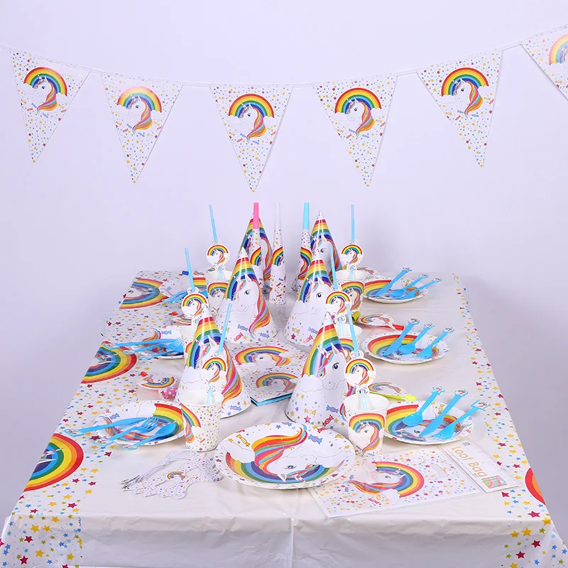 Милый Единорог день рождения декоративный комплект тарелки салфетки для стаканчиков стол платок на голову детский душ День Рождения Декор вечерние принадлежности