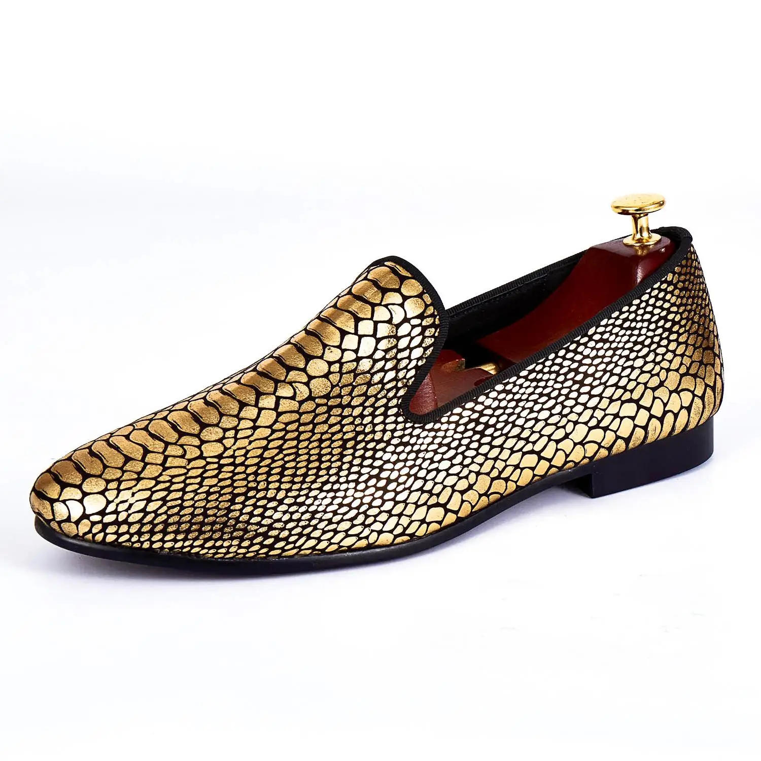 Harpelunde/Мужская официальная обувь; золотистые свадебные туфли из змеиной кожи с узором пейсли; модные дизайнерские лоферы; Размеры 7-14 - Цвет: Золотой