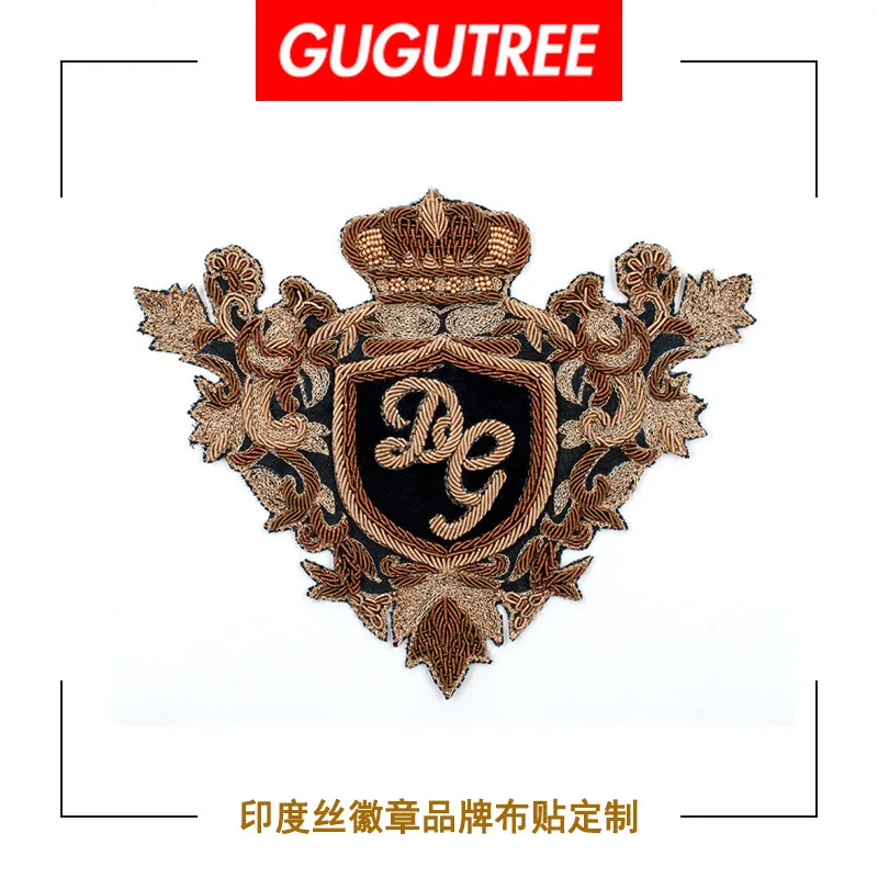

GUGUTREE India silk embroidery ear of rice crown anchor rank army patches badges applique patches for clothing DZP-122