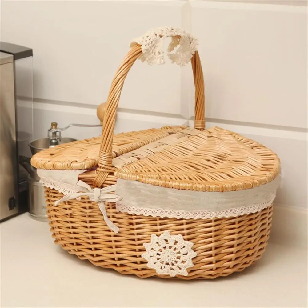 

Picnic Wicker Basket Fruit Rattan Storage Box Snacks Tea Basket Willow and Cloth Wooden Color Picnic Storage Baskets with Lid
