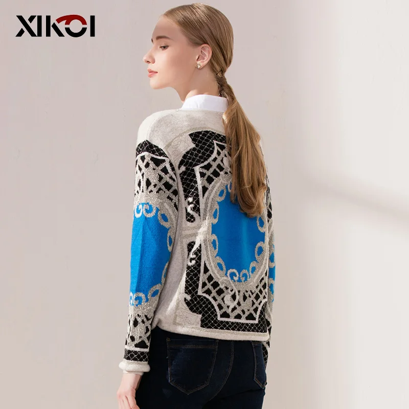 XIKOI سترة أزياء المرأة عارضة البلوفرات ميزة روز طباعة البلوزات س الرقبة طويلة الأكمام الإناث الملابس قمم النمط الغريب