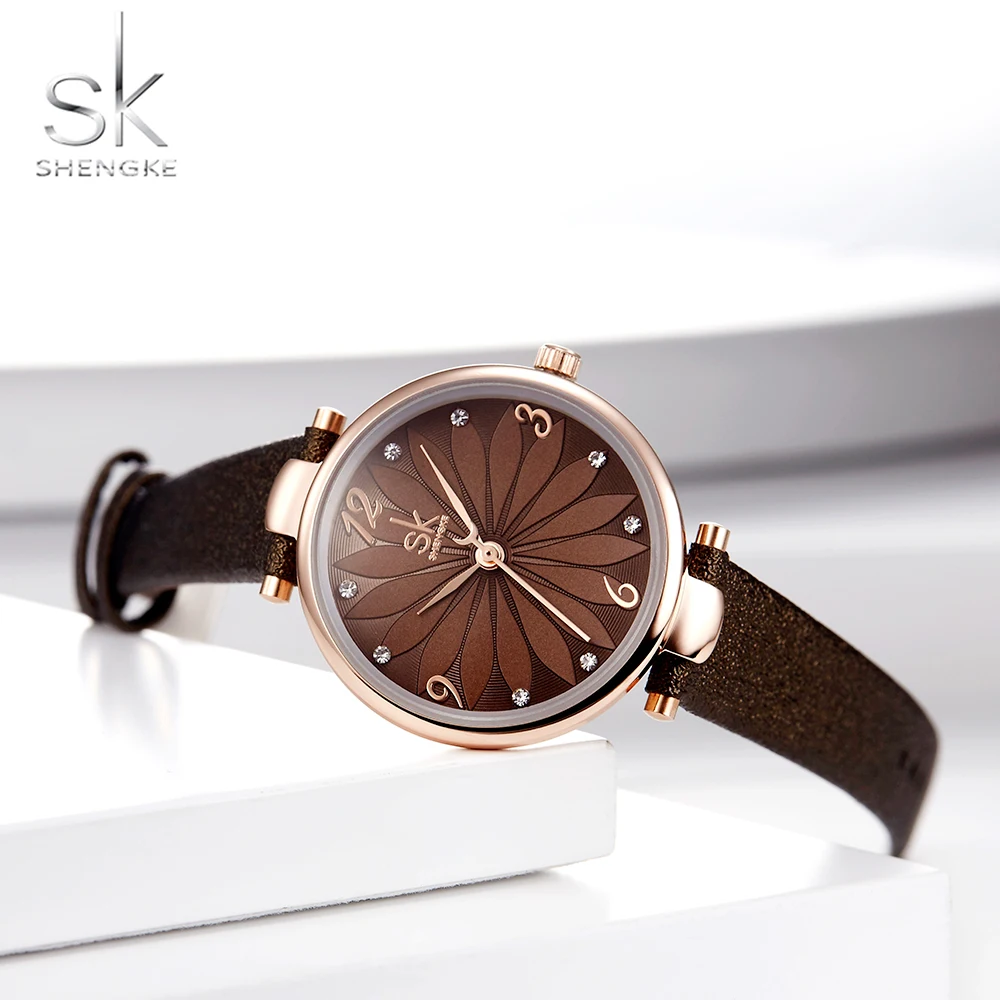 

Shengke Women Quartz Wristwatches Casual Leather Watch Flower Dial Quartz Analog Women Watch Stylish Ladies Watches Reloj Mujer