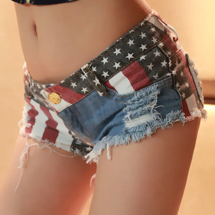 Низкая Талия летние Для женщин Джинсовые укороченные брюки Америки с рисунком флага для пляжной вечеринки пикантные Жан для девушка 388