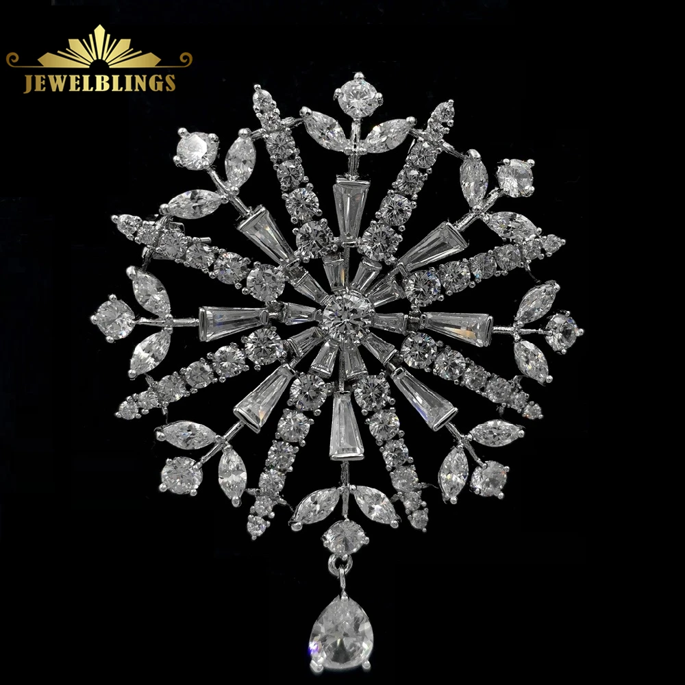

Garland Style Vintage Micro Pave CZ Round Flower Drop Brooch Silver Tone Opens Teardrop and Round Floral Pin for Wedding Jewelry