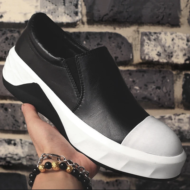 White Black High Platform Loose Shoes Real leather Slip on Leisure Shoe