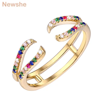 

Newshe 925 Sterling Silver Yellow Gold Color Open Cuff Ring For Women Colorful AAA Cubic Zirconia Adjustable Party Ring