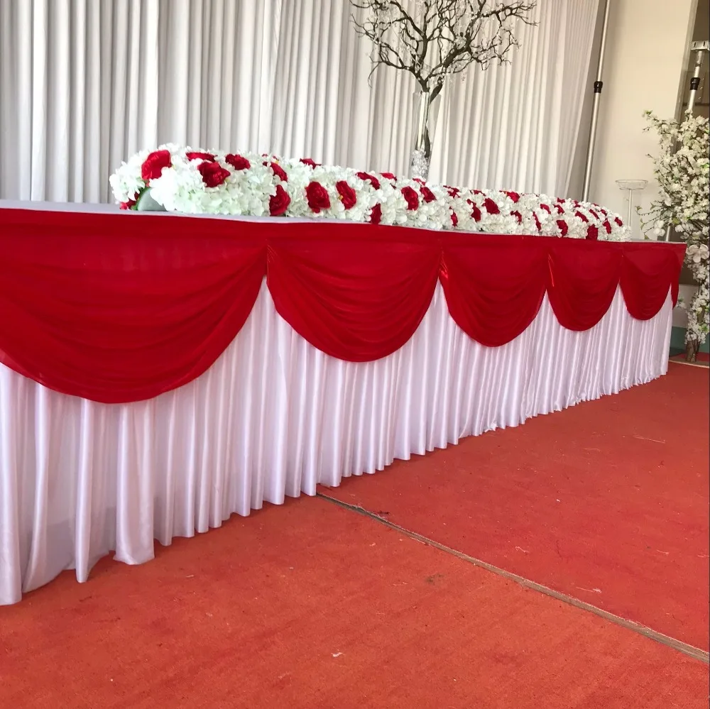 10ft x 29inch Ice Silk Table Skirt Colorful Pleated Ruched Table Skirting With Swag for Wedding Birthday buffet table Decoration table skirt