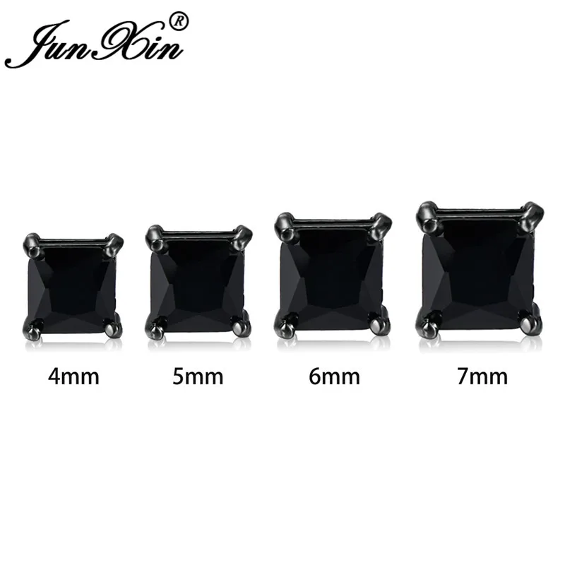JUNXIN Princess Cut Crystal Square Stud Earrings For Women Men White Gold Rose Gold Color Black CZ White Blue Fire Opal Earrings