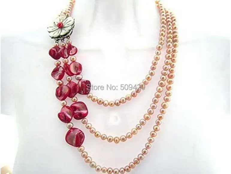 

W&O658 >>>>>Beautiful 3Strands Pink Pearls & Shell Flower Clasp Necklace