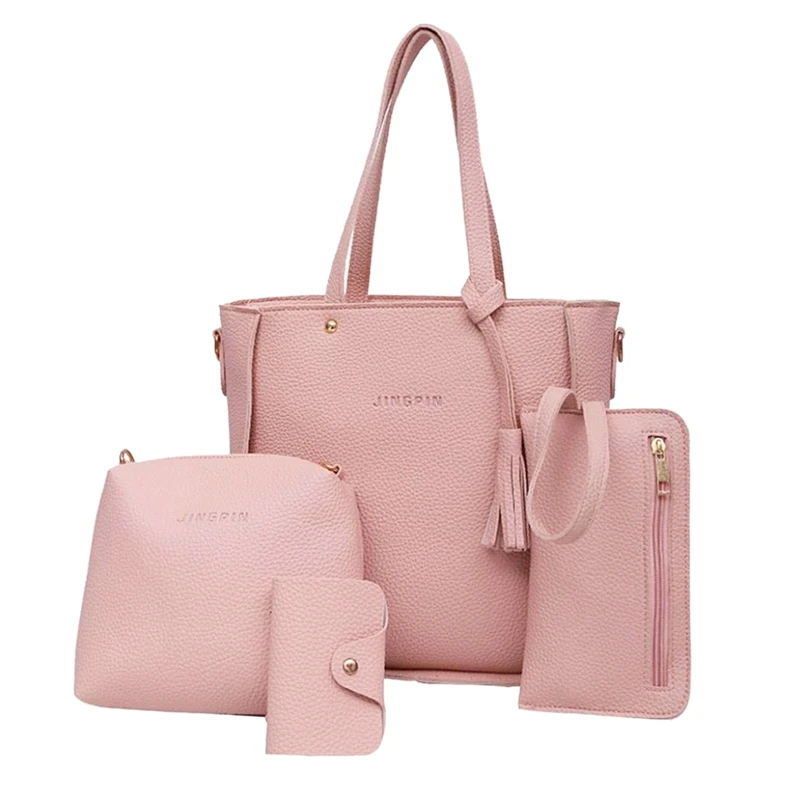 

Women Fashion Handbag Shoulder Bag Purse Leather Tote Bag 4 Pieces (Pink)