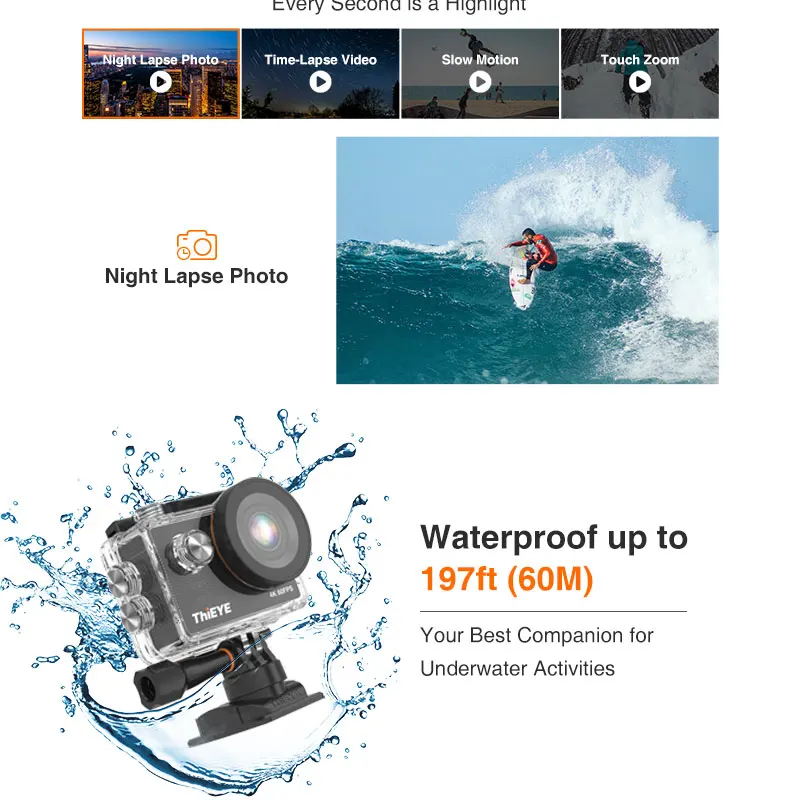 Hieye T5 Pro WiFi Экшн камера Ultra HD 4K 60fps сенсорный экран интуитивно понятный и быстрый