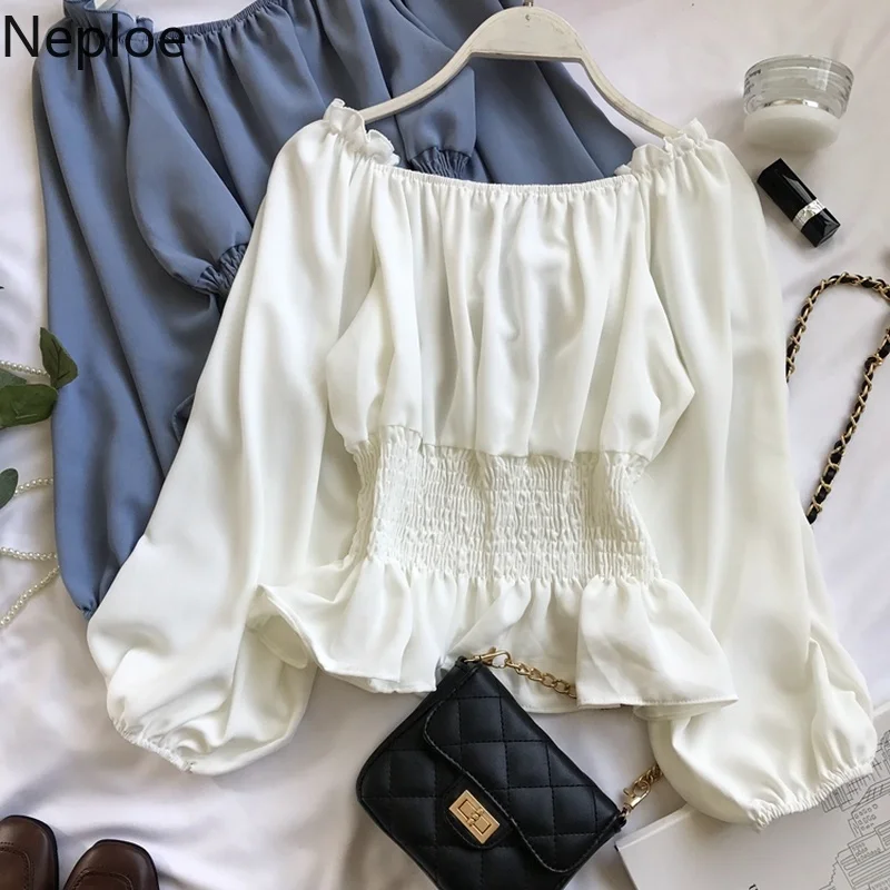 

Neploe Chiffon Women Shirts Fashion New Salsh Neck Lantern Sleeve Blouse Summer 2019 Korean Slim Waist Ruffles Blusa 44183