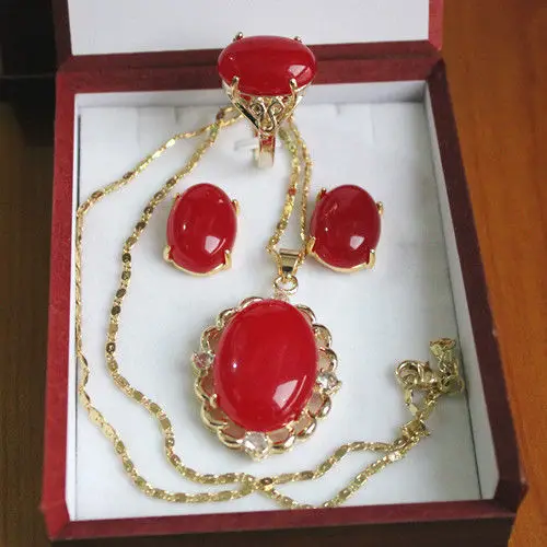 

latest 18kgp Inlay red jade Necklace Earring Ring set 5.31