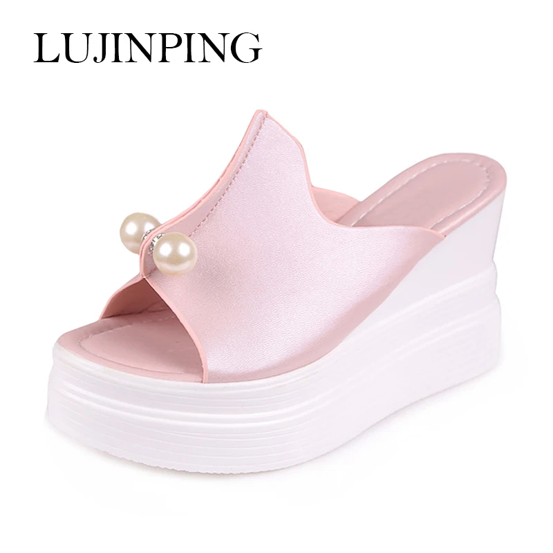 

LUJINPING 2017 Designer Women Summer Sandals Thick Heel Platform Wedges Sexy Beading Slippers
