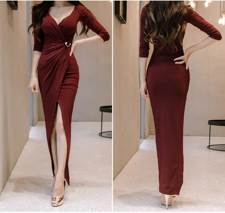 Новинка, весенние платья макси красного цвета с рукавом 3/4 и v-образным вырезом, облегающее женское платье, винтажные Сексуальные вечерние платья с разрезом, длинное платье Vestidos