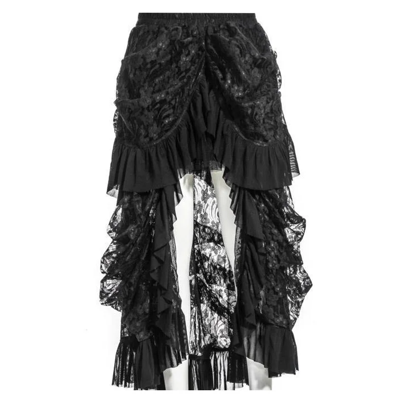 Готическая винтажная юбка в стиле стимпанк размера плюс, викторианская кружевная юбка Лолиты с рюшами, Ретро стиль, высокая талия, черные женские юбки в стиле панк
