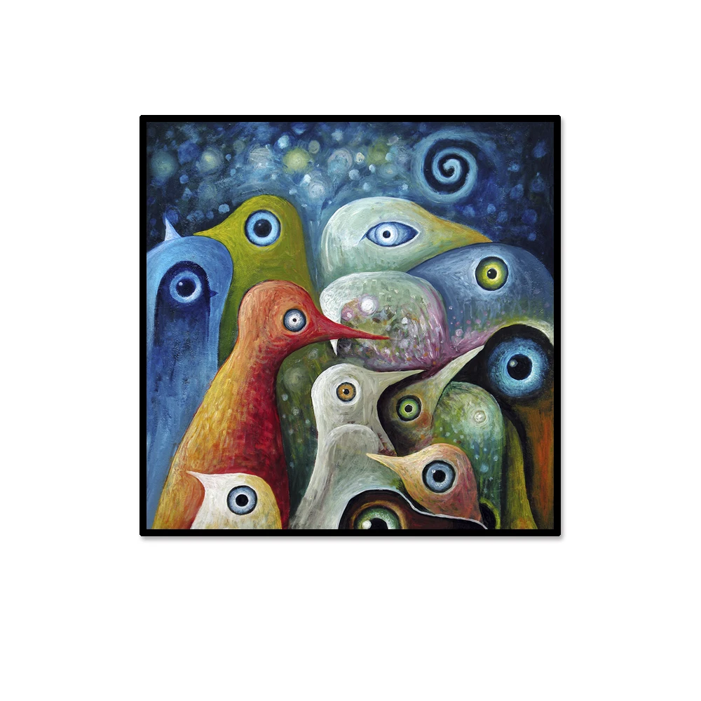 Картина настенная разноцветная с абстрактными квадратными птицами|abstract bird