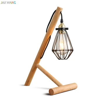 

JW_Modern Simple Bracket Log Wooden Table Lamps for Bedroom Study Living Room Retro Bulb Iron Cage Art Lampshade Desk Lights