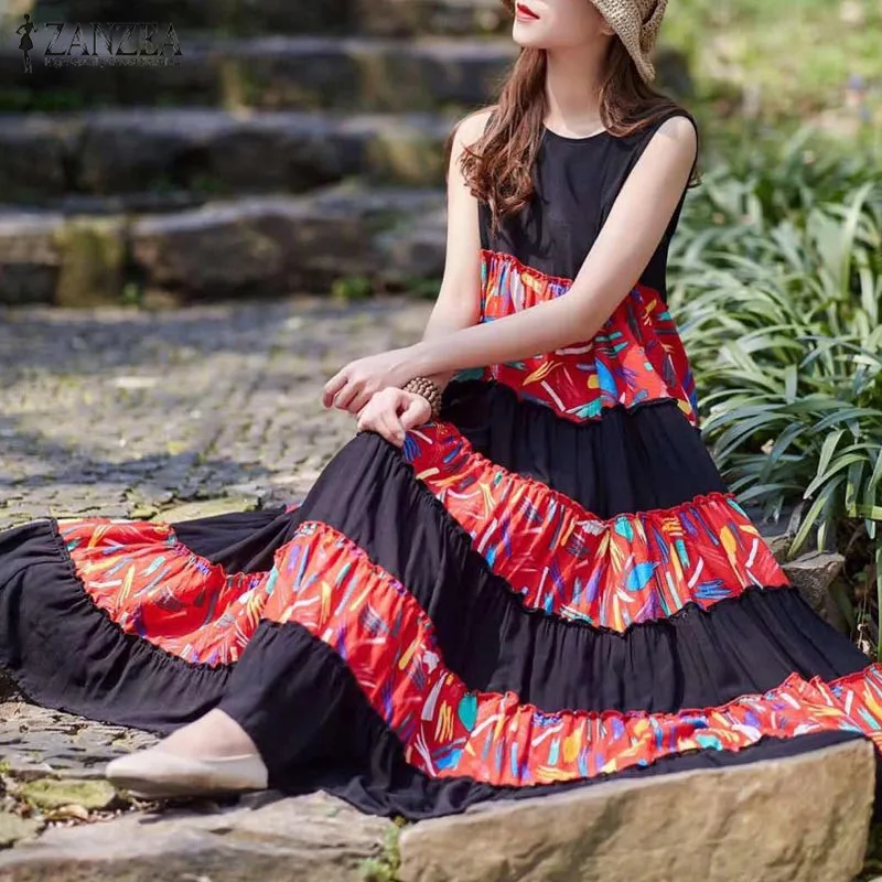 

ZANZEA 2019 Summer Sundress Womens Bohemian Long Maxi Dress Vintage Floral Print Cotton Vestidos Beach Party Sarafans Robe Femme