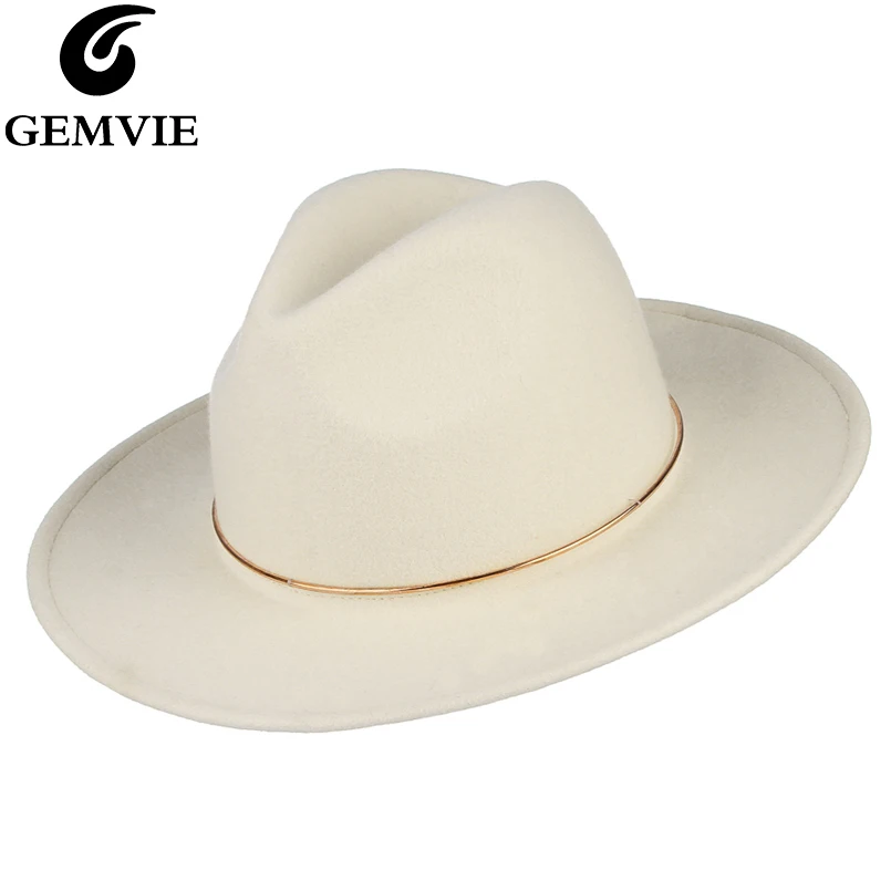 

GEMVIE Brand 100% Wool White Felt Fedoras Hat For Women Metal Ring Jazz Cap Lady Wide Brim New Fashion Autumn Winter Panama Hat