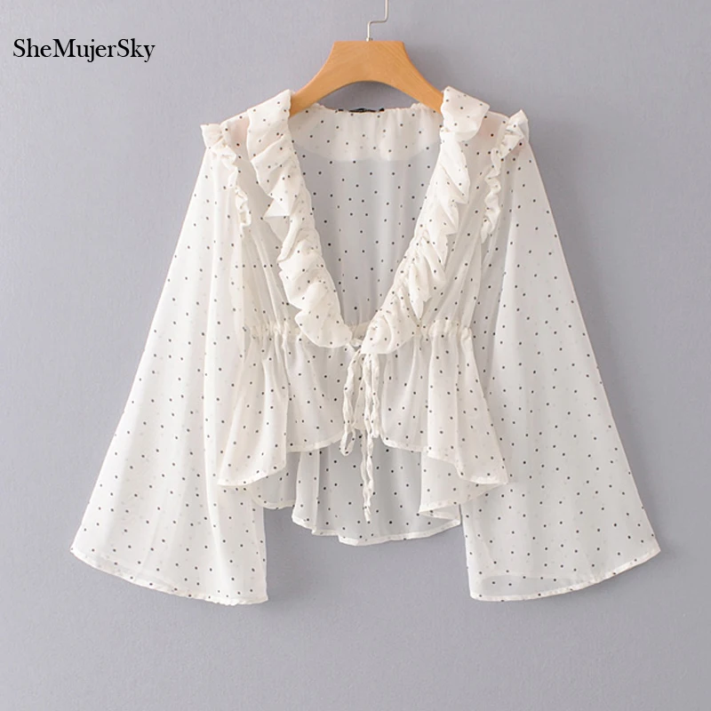 

SheMujerSky Women Loose Ruffles Blouses Dot Print White Flare Sleeve Shirts Bandage Long Sleeve Ladies Tops 2019 blusas