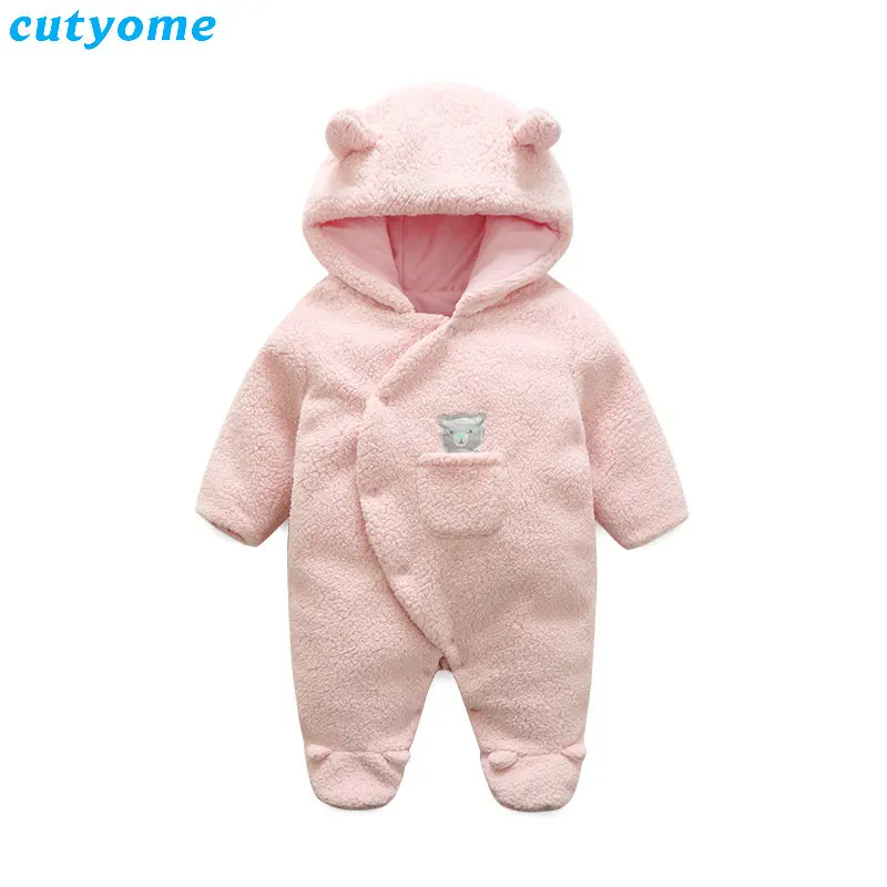 Cutyome/Детские Комбинезоны из флиса для новорожденных; зимняя одежда для девочек; Infantil; розовый комбинезон с капюшоном и рисунком; плотные комбинезоны