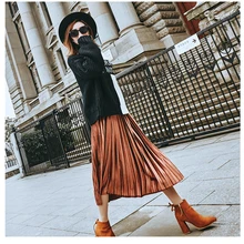 Женская зимняя модная бархатная плиссированная юбка винтажная теплая длинная Однотонная юбка до середины икры с эластичной высокой талией из полиэстера S6264