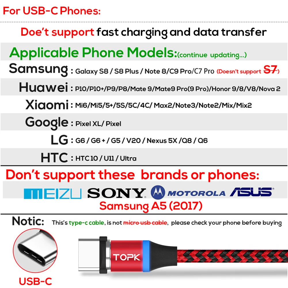 TOPK [5 Pack] RLine R Магнитный кабель USB Type C для Samsung Galaxy S9 Plus OnePlus 6 C|Кабели мобильных