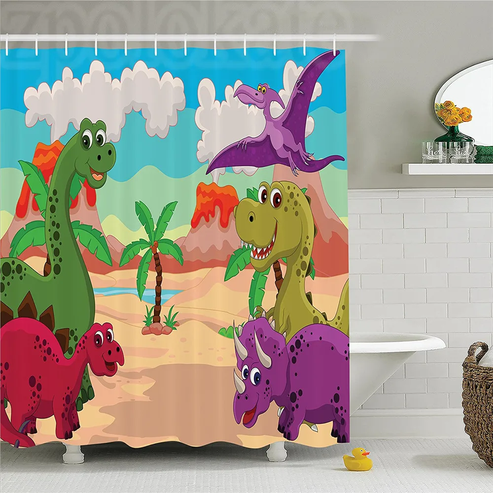Jurassic Dinosaur Cartoon Happy Palm Tree Hills Volcano Seaside Sandy Beach Smile Picture Polyester Bathroom Shower Curtain Purp | Дом и сад