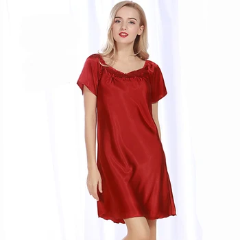 

SSH089 2017 New Satin Silk Women Sleepwear Summer Plus Size Sleep Skirt Red Pink Khaki Solid Night Gown Female Sexy Nightgown