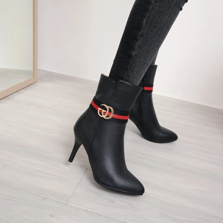 

Big Size11 12 13 14 15 16Fashion boots with pointed, thin, high heel, short barrel and non-ferrous metal decorative side zippers