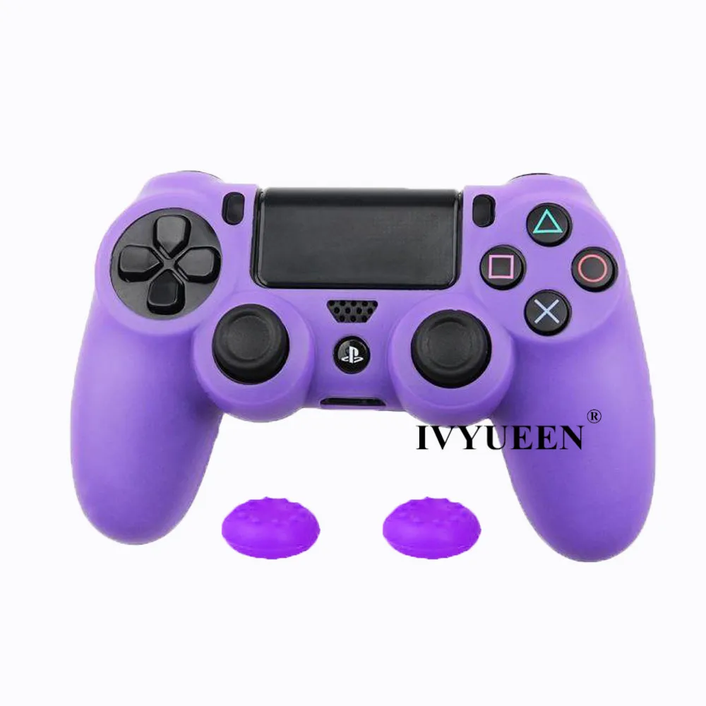 Мягкий силиконовый резиновый чехол IVYUEEN для sony playstation Dualshock 4 PS4 DS4 Pro, тонкий контроллер, кожный чехол+ 2 ручки для большого пальца - Цвет: Фиолетовый