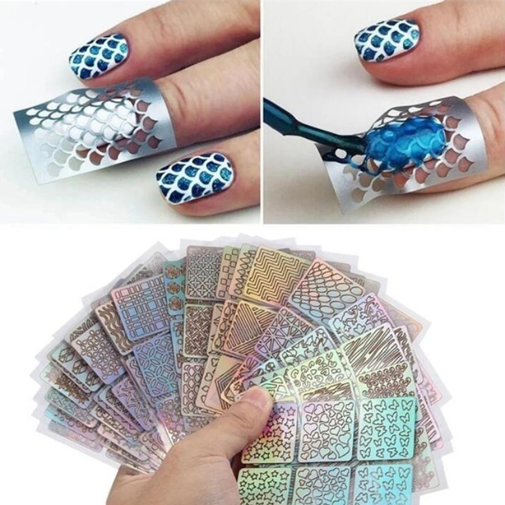 

24 Sheets DIY Nails Stamping Template Nail Stickers Irregular Grid Stencil Reusable Nail Art Vinyls Hollow Stickers NailStickers