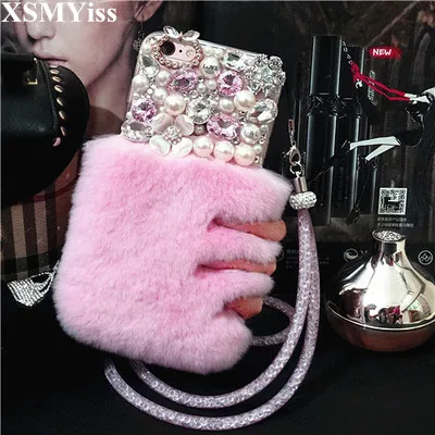 

For Samsung S6 S7 edge S8 S9 S10 Plus Lite Note9 8 5 Korea Luxury Diamond bling rabbit fur pearl chain soft phone case cover