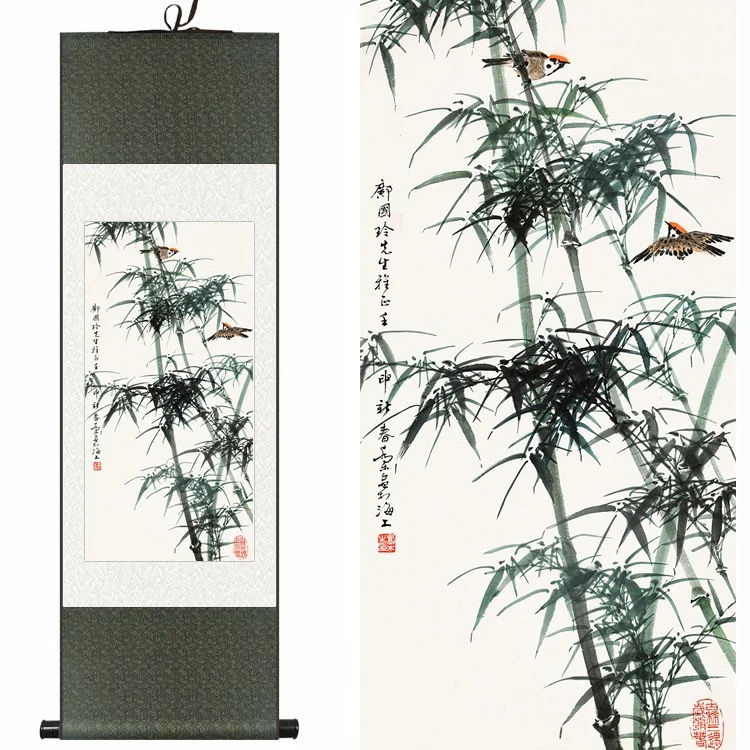 

Original Chinese Silk watercolor bird ink Peace Green Bamboo sparrow art canvas wall picture damask framed scroll painting