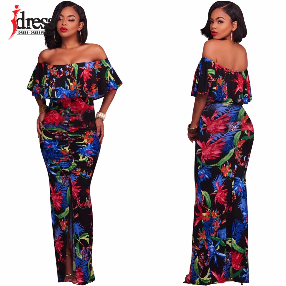 IDress New Sexy Slash Neck Strapless Pattern Floral Split Women Maxi Dresses Off the Shoulder Ruffles Print Long Dress Vestidos (4)