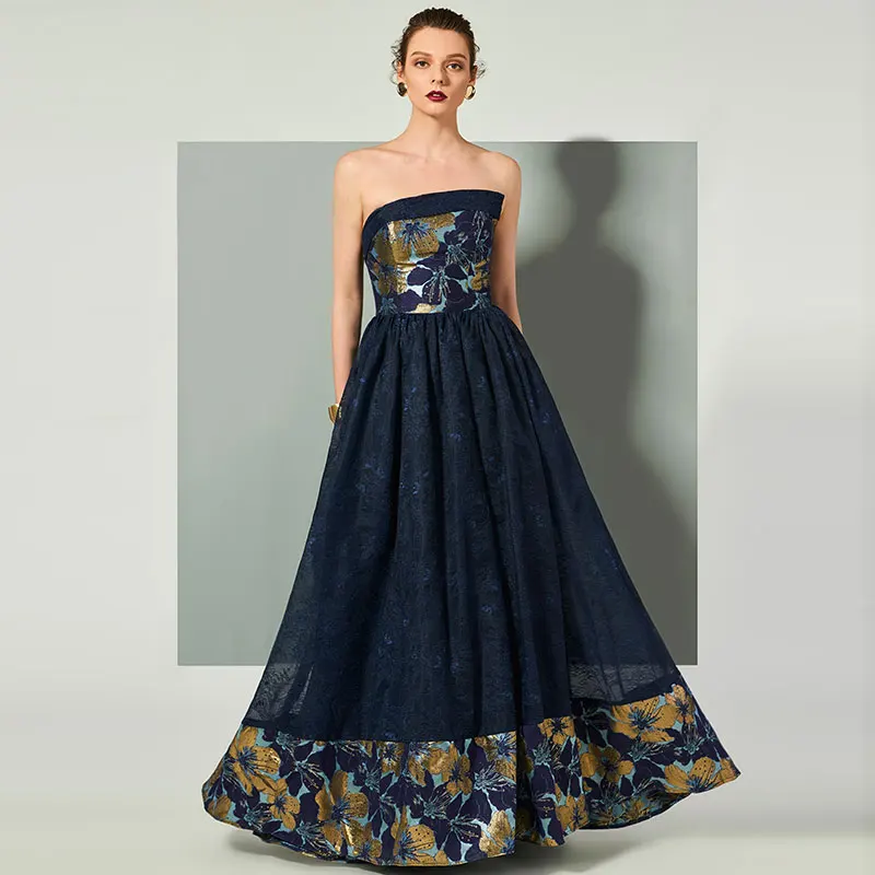 

Tanpell Strapless Evening Dress Sleeveless Printed Finished Fabric Women Prom Party Gown Floor-LengthA-Line Evening Dress