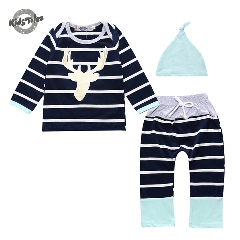 Kids Tales 3Pcs Set Baby Clothing Sets 2017 New Baby Boys Clothes Infant Baby Striped Tops T