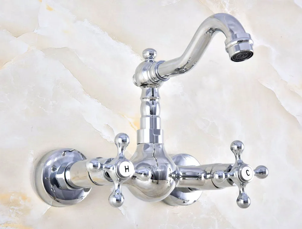 Polished Chrome Brass Wall Mount Bathroom Basin Kitchen Sink Faucet Swivel Spout Mixer Tap Dual Cross Handles Levers anf577