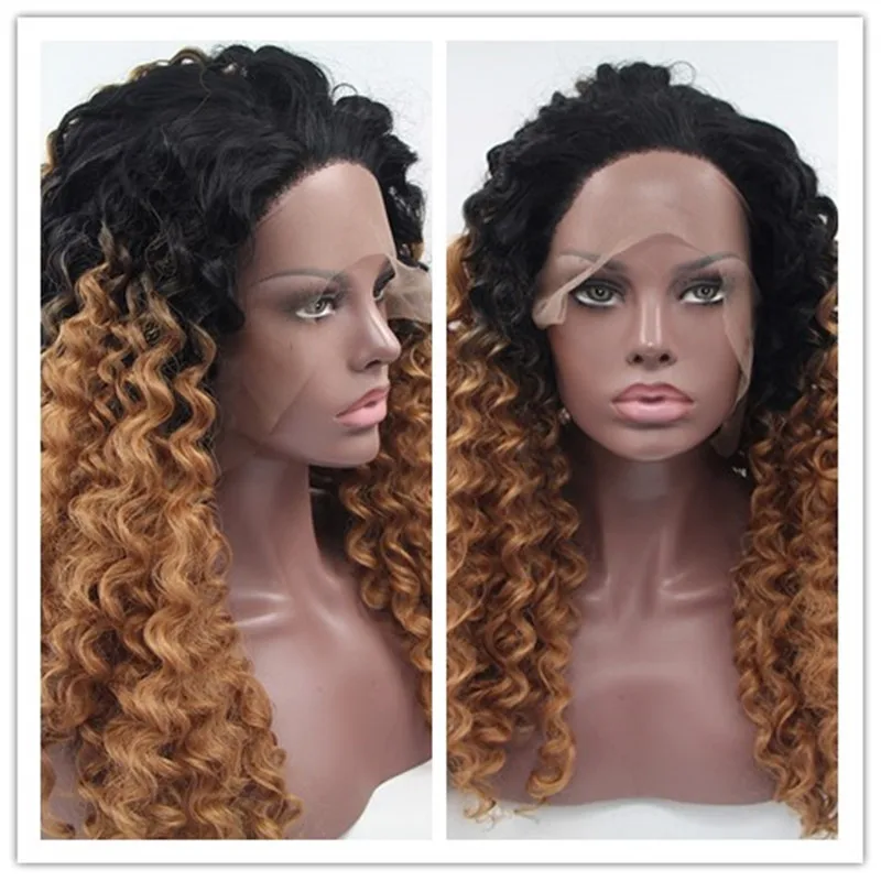 

2016 Hot Sale Synthetic Lace Front Wig Heat Resistant Ombre Black to Brown Curly Synthetic Lace Front wigs for Black Women